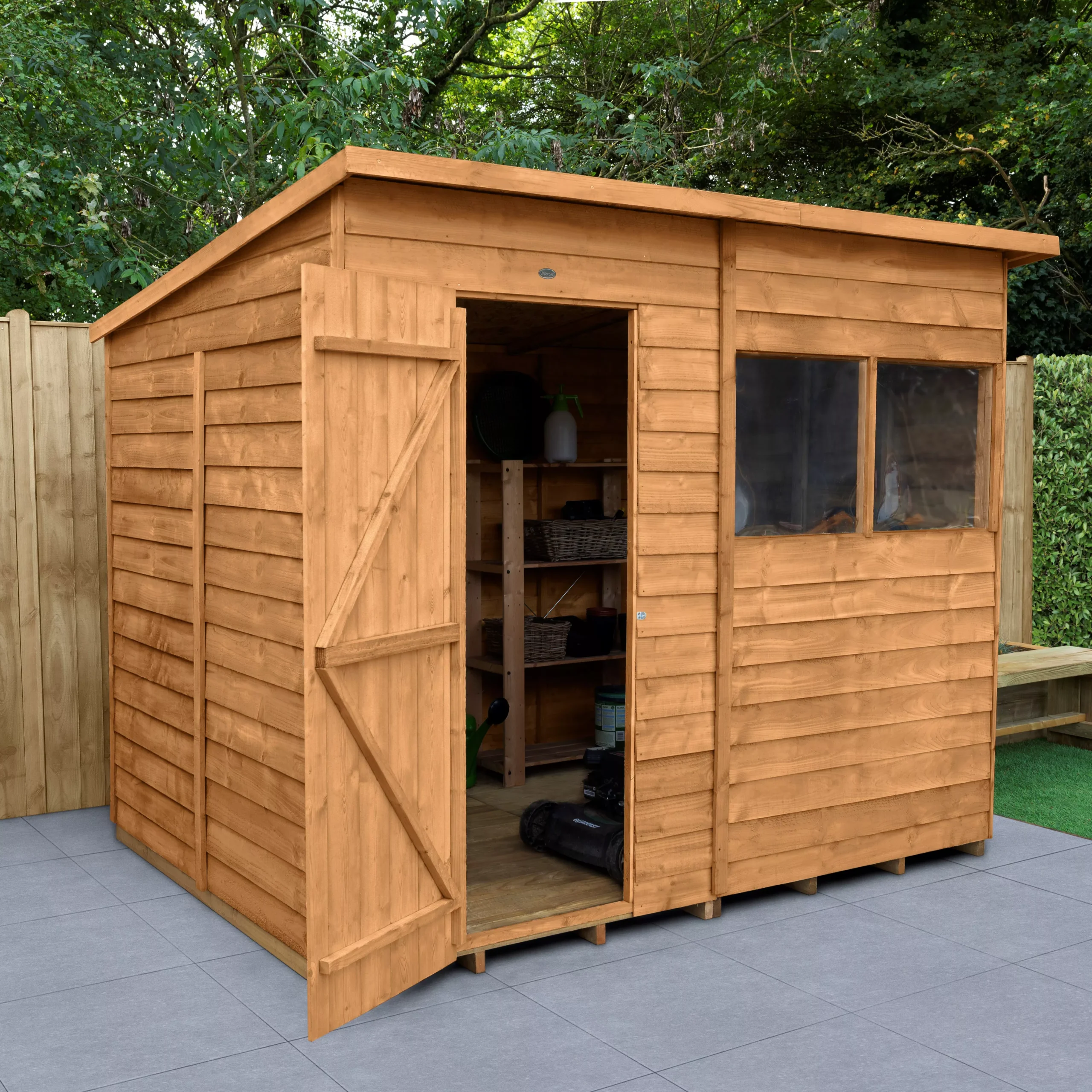 Forest Garden 8x6 Pent Dip Treated Overlap Wooden Shed With Floor (Base Included) - Assembly Service Included 1 Forest Garden 8x6 Pent Dip Treated Overlap Wooden Shed With Floor (Base Included) - Assembly Service Included