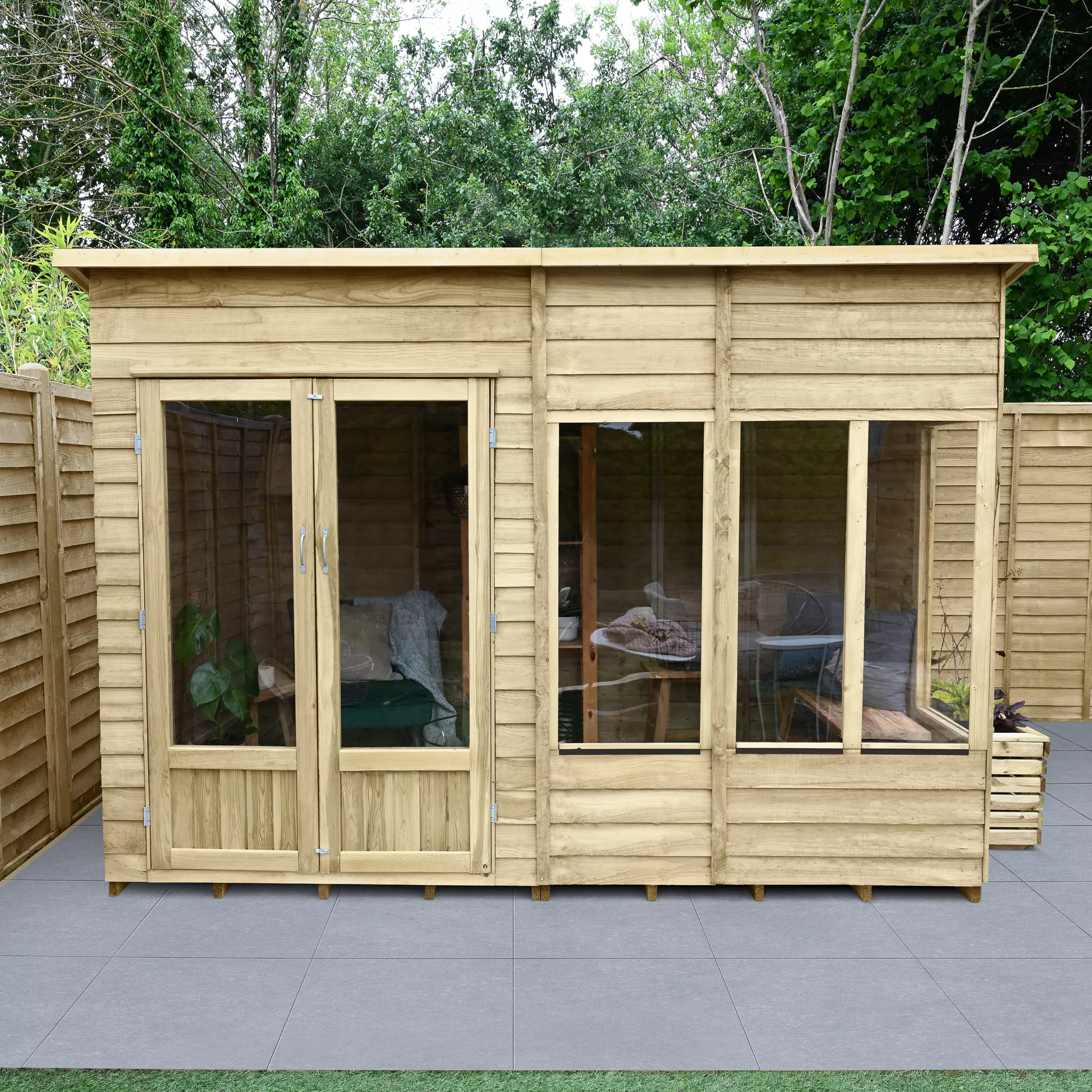 Forest Garden Oakley 10x6 Pent Overlap Solid Wood Summer House With Double Door (Base Included) - Assembly Service Included 1 Forest Garden Oakley 10x6 Pent Overlap Solid Wood Summer House With Double Door (Base Included) - Assembly Service Included