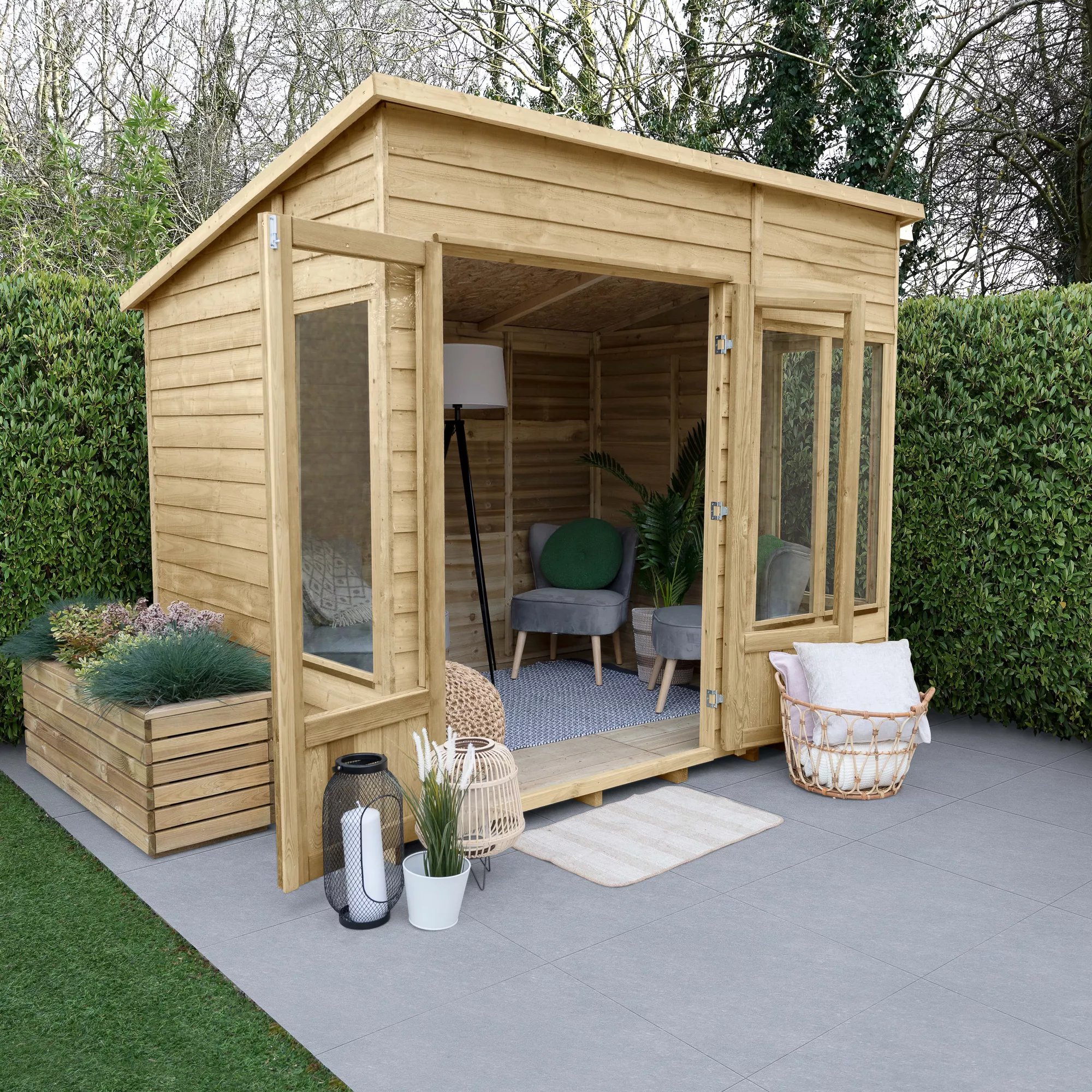 Forest Garden Oakley 8x6 Pent Overlap Solid Wood Summer House With Double Door (Base Included) 1 Forest Garden Oakley 8x6 Pent Overlap Solid Wood Summer House With Double Door (Base Included)