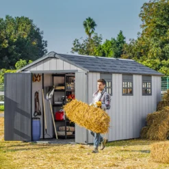 Keter Oakland 7515 Tongue & Groove Grey Plastic 2 Door 6 Windows Shed (Base Included) -Plant Garden World keter oakland 7515 tongue groove grey plastic 2 door 6 windows shed base included 7290112635020 02i BQ