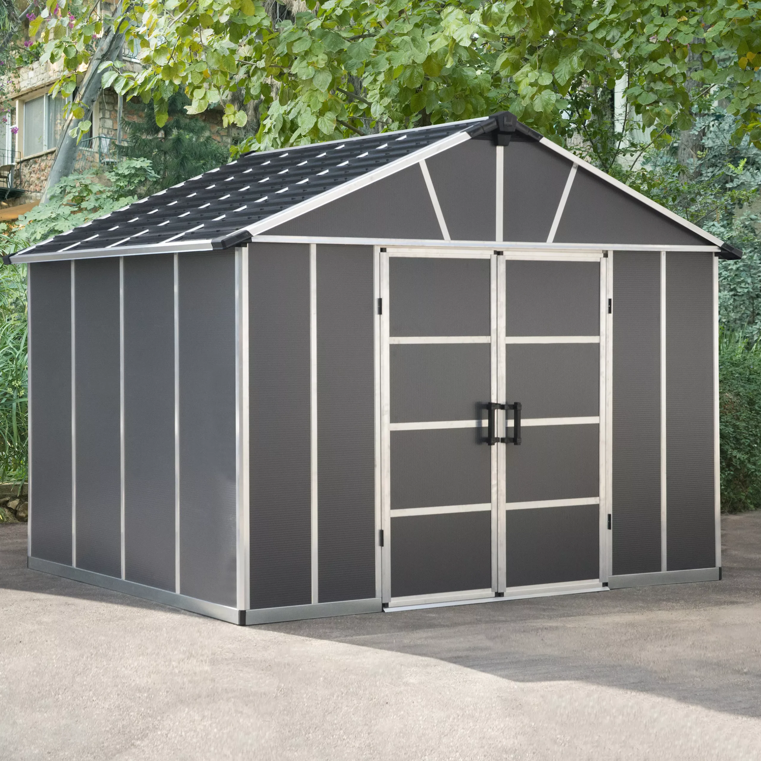 Palram - Canopia Yukon 11x9 Apex Dark Grey Plastic Shed 1 Palram - Canopia Yukon 11x9 Apex Dark Grey Plastic Shed