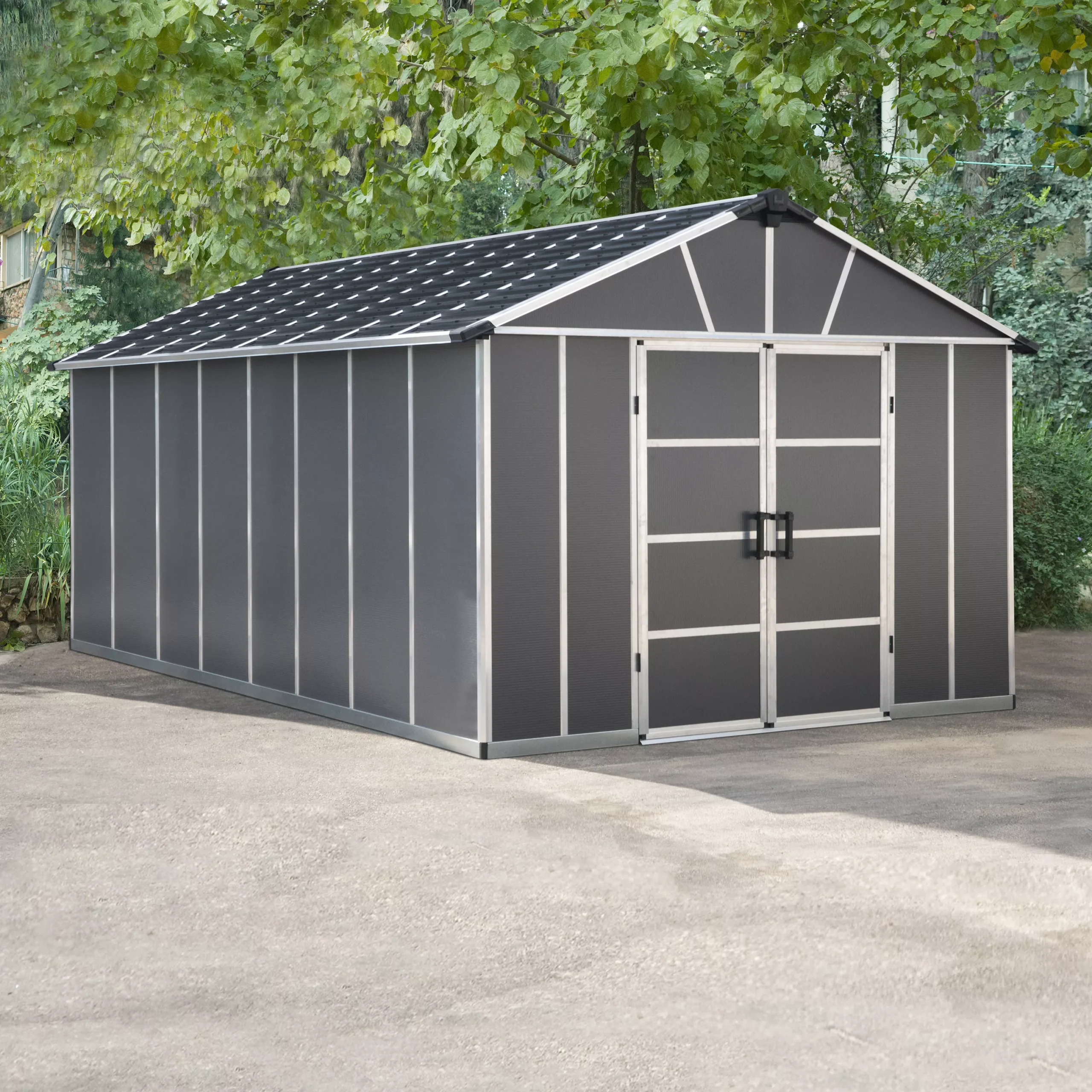 Palram - Canopia Yukon With WPC Floor 11x17.2 Apex Dark Grey Plastic Shed With Floor 1 Palram - Canopia Yukon With WPC Floor 11x17.2 Apex Dark Grey Plastic Shed With Floor