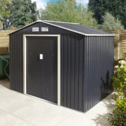 Rowlinson Trentvale 8x6 Apex Dark Grey Metal Shed -Plant Garden World rowlinson trentvale 8x6 apex dark grey metal shed5013856206224 04i bq