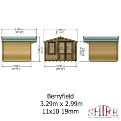 Shire Berryfield 11x10 Eco Glass Apex Tongue & Groove Wooden Cabin - Base Not Included -Plant Garden World shire berryfield 11x10 eco glass apex tongue groove wooden cabin base not included5019804112302 02t bq