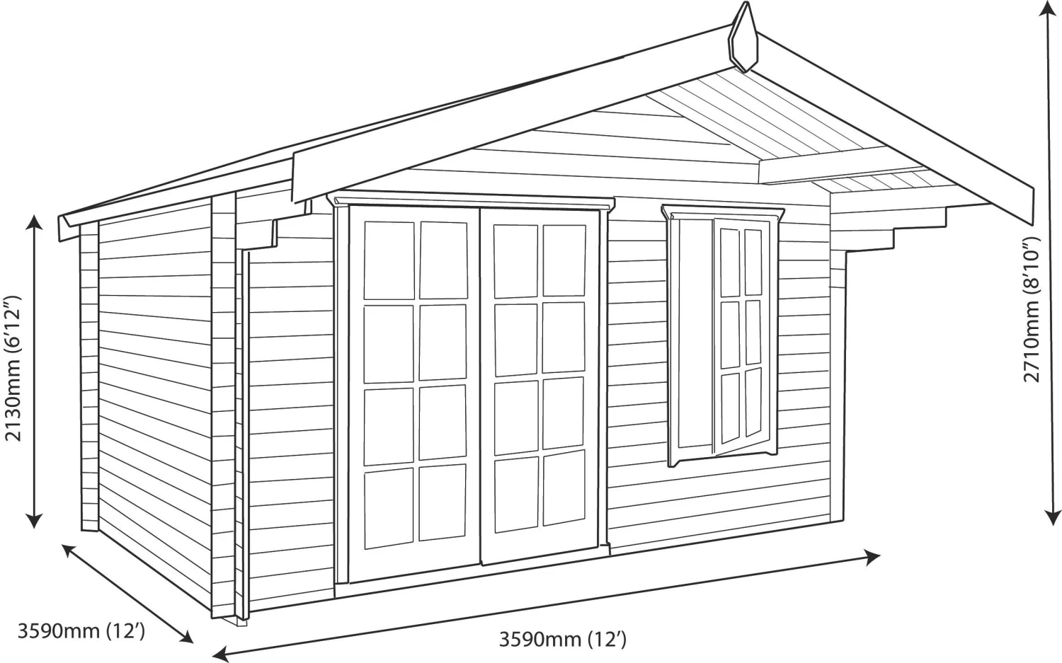 Shire Cannock 12x12 Toughened Glass Apex Tongue & Groove Wooden Cabin - Base Not Included 9 Shire Cannock 12x12 Toughened Glass Apex Tongue & Groove Wooden Cabin - Base Not Included - Image 9