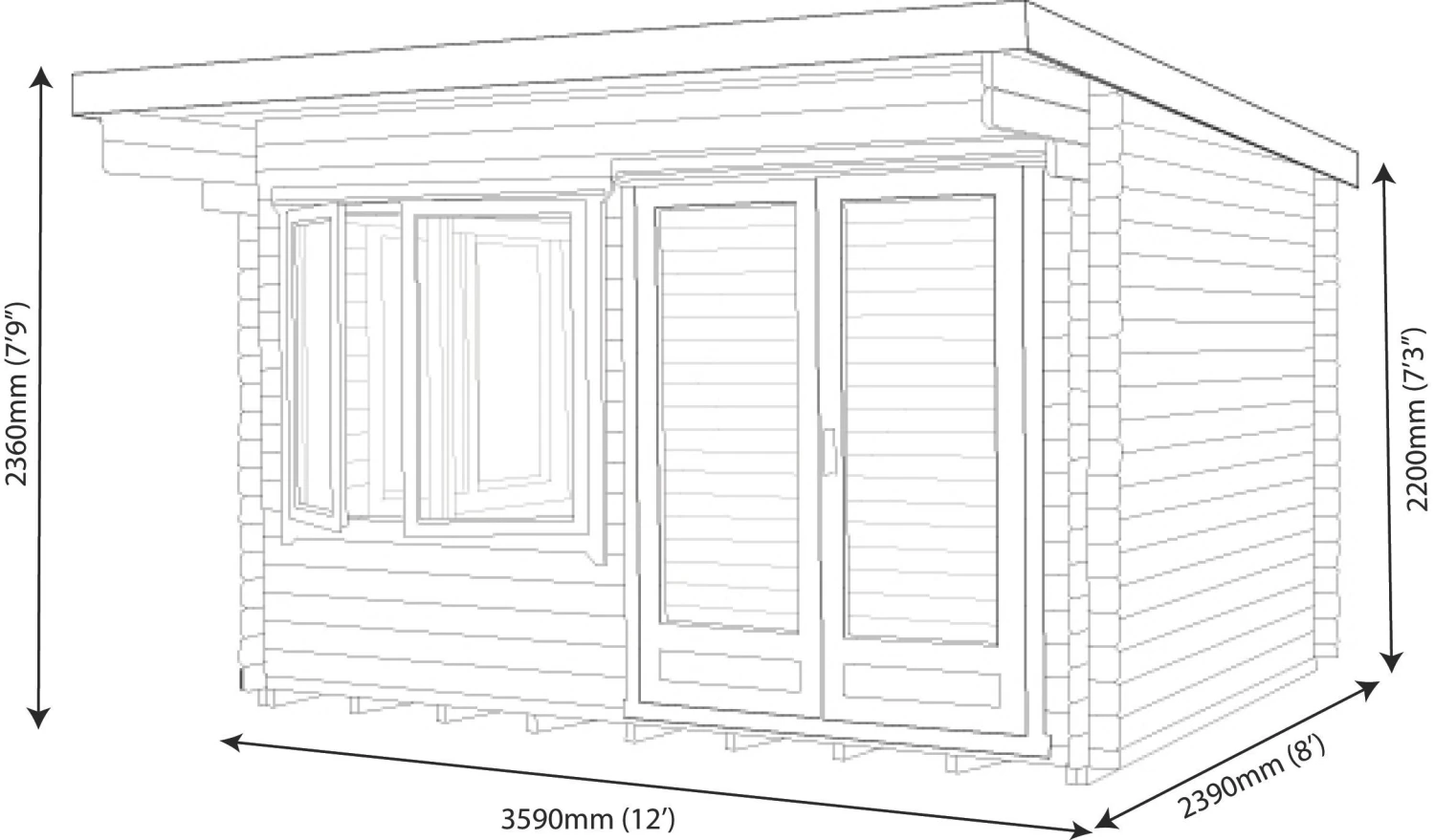 Shire Danbury 12x8 Toughened Glass Pent Tongue & Groove Wooden Cabin - Base Not Included 7 Shire Danbury 12x8 Toughened Glass Pent Tongue & Groove Wooden Cabin - Base Not Included - Image 7